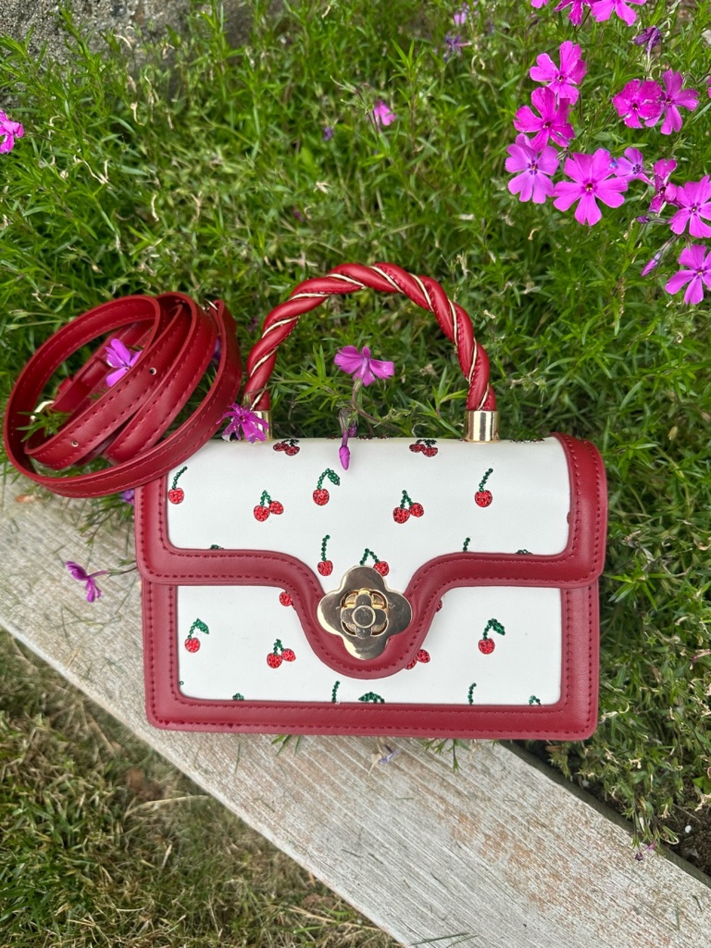 Red & White Cherry Top-Handle Rhinestone Purse - Picture 5 of 5